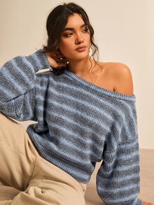 Freevana Plus Size Casual Everyday Striped Drop Shoulder Loose Fit Sweatshirt Fall - Blue - View 4