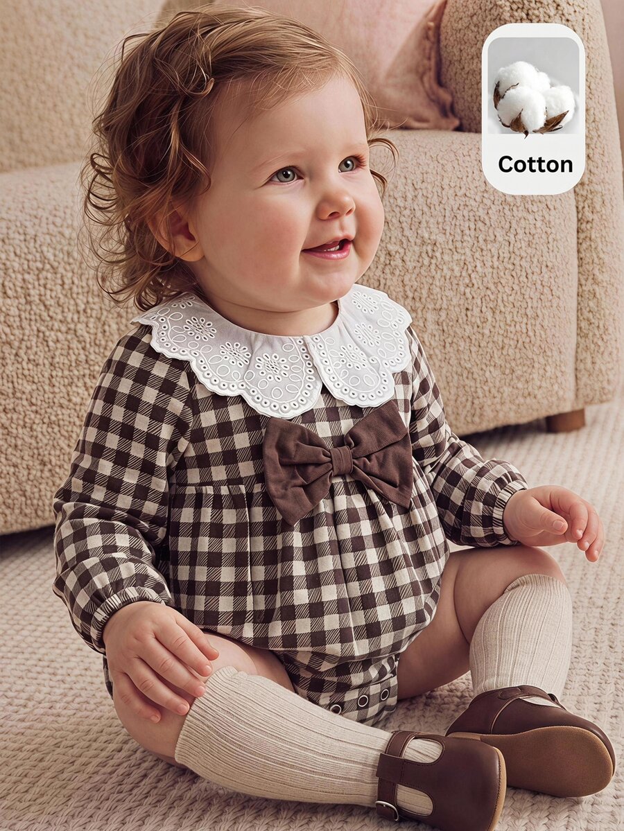 SHEIN Newborn Baby Girl Cute Patchwork Peter Pan Collar Long Sleeve Romper, Autumn/Winter - Multicolor - View 1