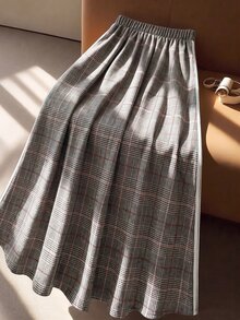 GlowEve CURVE Plus Size Women's Classic Wool Blend Contrast Color Loose A-Line Skirt, Elastic Waist Design, Suitable For Work And Daily Wear, Versatile For Autumn - Multicolor - View 2