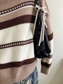 Collagica Collagica Women's Plus Size Asymmetrical Shoulder Colorblock Casual Daily Knit Top - Khaki - View 5
