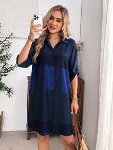 EMERY ROSE 女款休閒復古 70 年代格紋前扣鈕扣襯衫洋裝，適合夜晚外出、早午餐、日常穿著，棕色格紋秋季休閒洋裝 - 彩色 - 查看 3