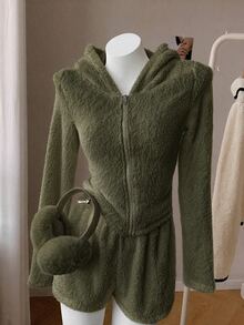 SHEIN EZwear 女款秋冬新款純色長袖短版休閒簡約連帽毛絨外套，居家日常穿著，白色，適合夜晚與假期 - 軍綠色 - 查看 3