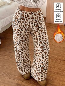 SHEIN EZwear 女款豹紋珊瑚絨長褲，冬季 - 杏色 - 查看 1