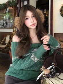 DAZY Women's Letter Pattern One Shoulder Long Sleeve Sweater - Green - View 9