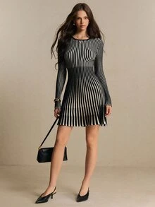 Poéselle Women's Striped Crew Neck Long Sleeve Casual Knit Dress - Black and White - View 1