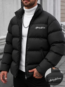 Manfinity Homme Casual Men's Black Stand Collar Quilted Winter Padded Coat, Loose Fit Letter Print Outerwear, Suitable For Urban Daily Wear And Weekend Outings - Black - View 1
