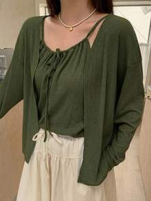 Dazy Plus Korean Style Solid Color Camisole Cardigan Casual Spring/Autumn New Blue 2 Pieces Set Long Sleeve Tops - Army Green - View 4
