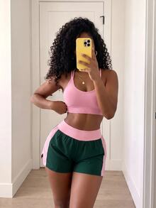 SHEIN Core Rhythm Women's Sports Yoga Outdoor Gym Workout Shorts, 2 In 1 Design, Side Geometric Contrast Color, Small Inverted V-Shaped Hem, Inner Lining With Pockets, Wide Waistband With Contrast Color - Multicolor - View 5