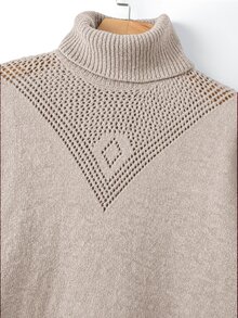 Wandoria Women's High Neck Solid Color Dropped Shoulder Long Sleeve High-Low Hem Knit Dress - Apricot - View 6