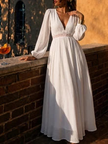 Cévolie Contrast Lace Tie Backless Lantern Sleeve Dress - White - View 3