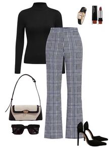 SHEIN Clasi 女款格紋印花彈性針織長褲，夏季優雅獨特，適合辦公商務休閒，百搭日常通勤，秋冬款 - 藍色 - 查看 8