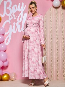 Loomaby Maternity Tie-Dye Print Round Neck Long Sleeve Pleated Elegant Dress Fall - Pink - View 10