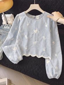 SHEIN Tween Girl Striped Floral Embroidered Pattern Casual Daily Long Sleeve Shirt - Blue and White - View 2