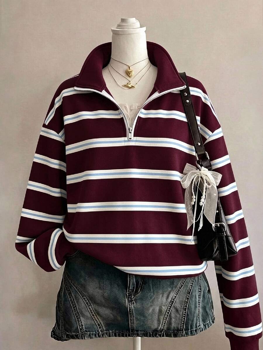 SHEIN EZwear Women's Striped Colorblock Half-Zip Pullover Sweatshirt - Burgundy - View 1
