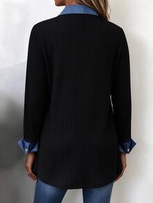 SHEIN LUNE American Vintage 2 In 1 Denim Patchwork Ribbed Long Shirt For Women, Collared Contrast Color Vertical Stripe Mid-Length Jacket - Black - View 2