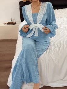 Napfluff Women's Contrast Trim Front Tie Jacquard Short Sleeve Loose Long Sleeve Long Pants Pajama Set - Blue - View 3