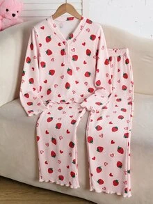 SHEIN 少女可愛腮紅粉蝴蝶結圖案睡衣套裝，夏季居家睡衣 2 件組，柔軟舒適 V 領長袖荷葉邊上衣與長褲休閒套裝 - 彩色 - 查看 5