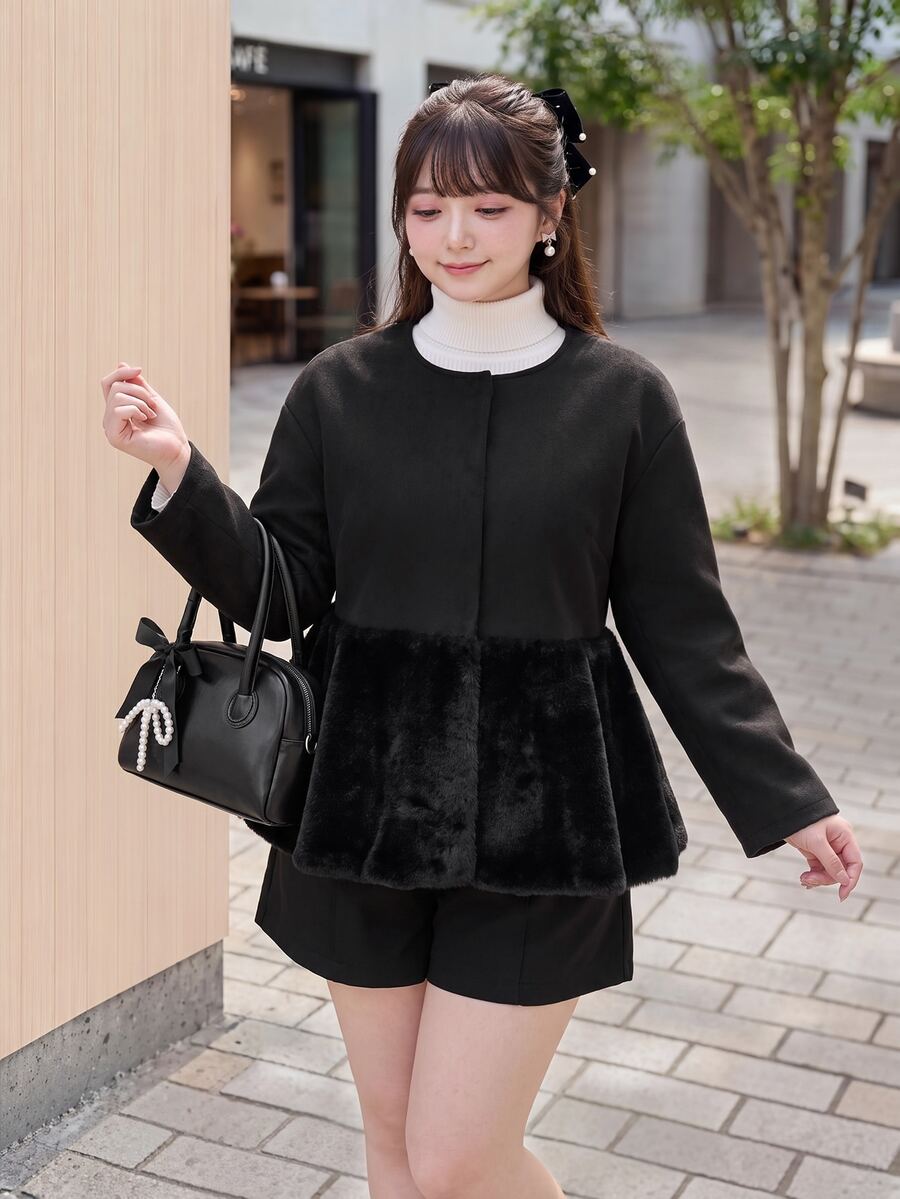 Bijouette Plus Size Faux Fur Patchwork Collarless Hidden Button Peplum Hem Coat,Winter Jacket,Faux Fur Patchwork,Daily Commute,Shopping,Elegant Feminine,Elegant - Black - View 1