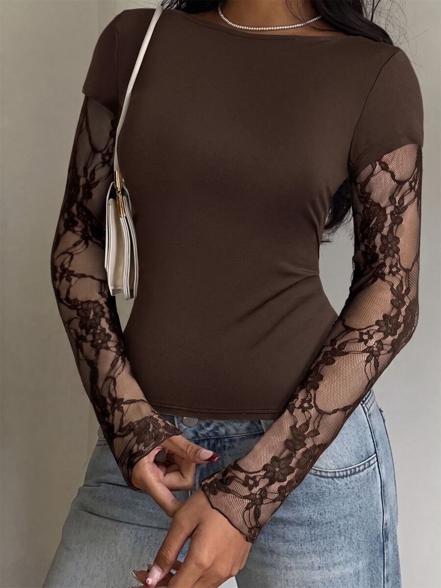 SHEIN EZwear 女款蕾絲拼接修身百搭休閒T恤 - 棕色 - 查看 1
