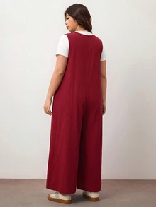 Enliva 大尺碼女款寬腿連身褲，前綁帶設計附口袋，寬鬆版型，適合蘋果型圓潤身型/2026/新年 - 酒紅色 - 查看 2