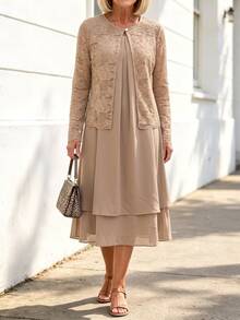 Hansera Middle-Aged Women Solid Color Dress And Lace Cardigan Casual Set - Apricot - View 4