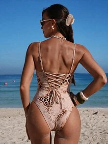 Shapewave Women's Leopard Print One-Piece Swimsuit, Suitable For Beach Vacation, Pool Party, Beach Party - Brown - View 2