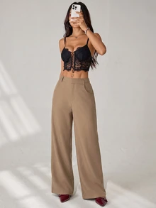 SHEIN PETITE 女款素色休閒百搭日常穿著長褲 - 卡其色 - 查看 6