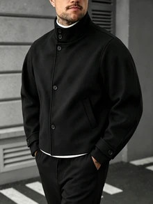 Manfinity Homme Men's Mature Casual Solid Color Wool Black Short Jacket, Best Choice For Holiday Gift - Black - View 3
