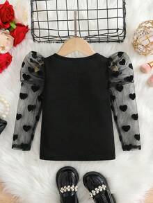 Young Girl Solid Color Round Neck Contrast Mesh Gigot Sleeve Casual T-Shirt - Black - View 2