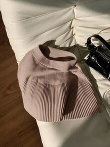 Comfortcana 女款純色彈性腰褶皺短版毛衣裙，秋冬早午餐灰色休閒優雅風 - 駝色 - 查看 4