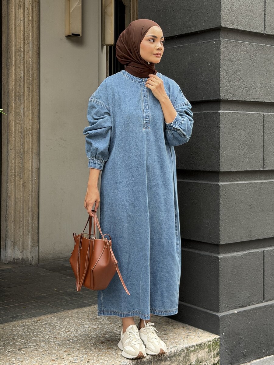 DAZY Women's Button Half-Placket Long Sleeve Casual Denim Dress - Blue - View 1