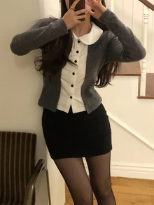 DAZY Women's Contrast Color Lapel Long Sleeve Korean Style T-Shirt - Grey - View 4