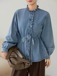 Dazy-Less Autumn Cotton Medium Wash Blue Lapel Collar Button Pocket Decor Washed Loose Long Sleeve Women's Denim Top - Medium Wash - View 5