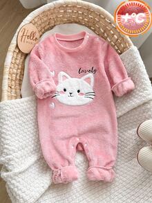SHEIN Baby Girl Cute Plush Kitten Embroidery Pattern Long Sleeve Jumpsuit, Suitable For Autumn/Winter - Multicolor - View 1