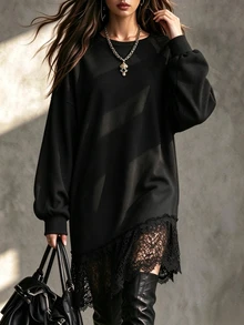 INAWLY Women's Fashion Elegant Casual Vacation Solid Color Long Sleeve Lace Hem Patchwork Dress - Black - View 4
