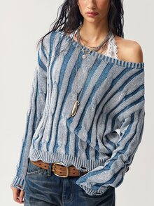 Bohemela Vintage Mixed Wool Off-Shoulder Loose Cable Knit Pullover - Blue and White - View 3