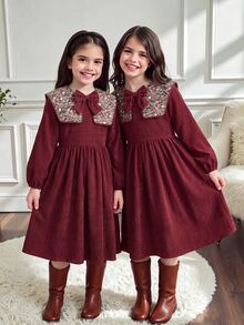 SHEIN Tween Girl Tween Girl Autumn/Winter Large Collar Ditsy Floral Patchwork Corduroy Ruched Full Skirt Puff Long Sleeve Dress Burgundy Casual Vacation Elegant Girls Dress Christmas New Year Dress - Burgundy - View 6