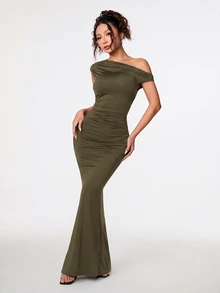 SHEIN PETITE 優雅女款酒紅色斜肩不對稱超長魚尾洋裝，秋季用餐宴會與派對穿搭，夜店畢業季夏季洋裝 - 綠色 - 查看 7