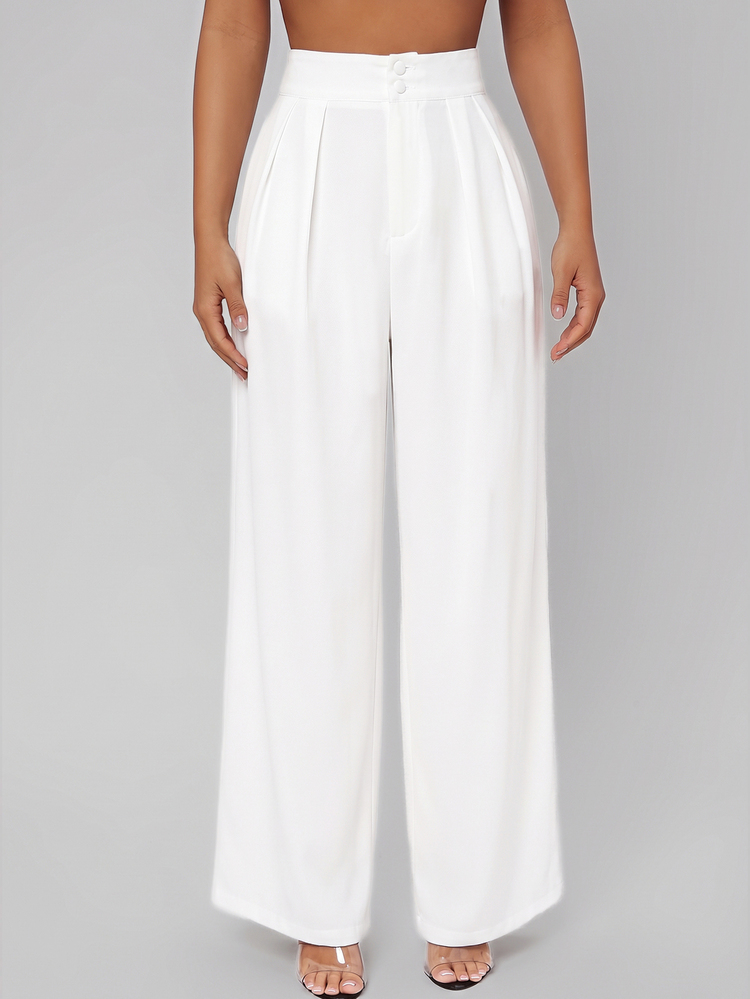 SHEIN PETITE High Waist Plicated Wide Leg Black Dress Pants - White - View 1