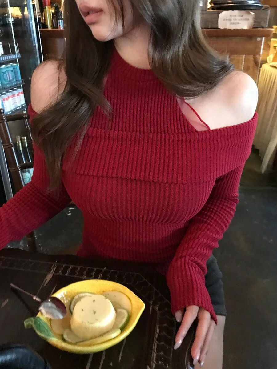 DAZY Autumn/Winter 2-In-1 Hollow Mesh Casual Sweet Christmas Wedding Banquet Knit Women's T-Shirt - Red - View 1
