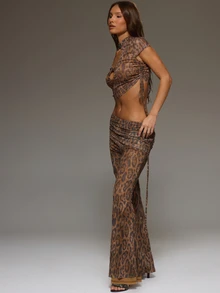 MUSERA Leopard Print Cut Out Top And Ruched Flared Trouser Co Ord Sold As Set Fall Autumn Winter Cool Style Outfits - Coffee Brown - View 3