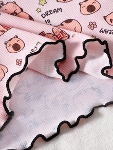 SHEIN 4件組青少年女孩柔軟舒適睡衣套裝，可愛粉色蝴蝶結與黑色波點愛心印花，長袖上衣與長褲，夏季穿著睡衣 - 彩色 - 查看 5