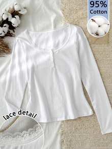 SHEIN Tween Girl Tween Girl Spring Autumn Winter Casual Elegant Lace Patchwork Button Decor Half-Open Neck Long Sleeve Slim Fit White T-Shirt, Suitable For Layering And Outdoor Wear - White - View 3
