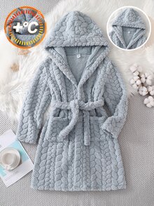 Tween Girl Home Sleep Robe, Children's Hooded Jacquard Plush Bathrobe, Haze Blue 3D Diamond Quilted Thickened Tie-Waist Robe With Pockets, Loungewear Bathrobe - Dusty Blue - View 5