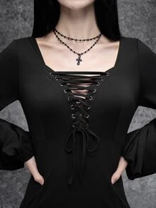 Cryptelle Women's Black Gothic Lace-Up Slit Long Dress Witch Halloween Outfit Autumn/Winter - Black - View 5