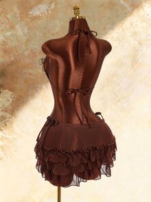 Amplova Women's 3 Pieces Swimwear Set With 3D Floral Butterfly Orchid Bra Cups, Solid Color Lining, Ruffle Hem Cover-Up And Front Center Knot - Brown - View 14