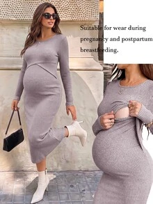 SHEIN 女款純色圓領哺乳功能休閒日常夏季秋季洋裝 - 藕粉色 - 查看 5