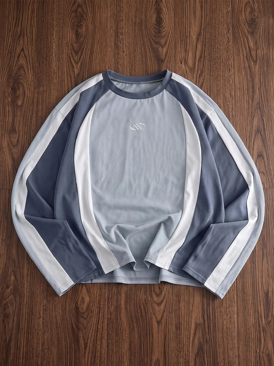 SWAVVY Men's Casual Fitted Long Sleeve T-Shirt, Spring/Autumn, Blue Multi-Color, Crew Neck, Standard Size, Patchwork Contrast Color Embroidery - Blue - View 1