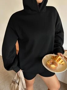 Dazy Plus Sweatshirt Hoodie Kasual Tebal Berlapis Termal, Gaya Blogger, Warna Polos Dasar Baru Musim Gugur/Dingin - Hitam - View 4