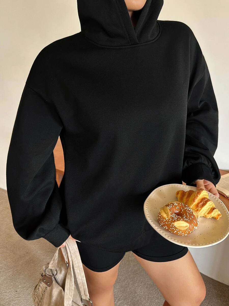 Dazy Plus Thermal Lined Thick Casual Hooded Sweatshirt, Blogger Style, Autumn/Winter New Basic Solid Color - Black - View 1